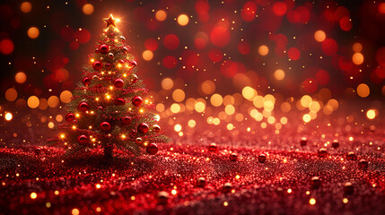 A Christmas tree and red Christmas balls with winter glowing blurred the background