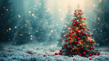 A Christmas tree and red Christmas balls with winter glowing blurred the background