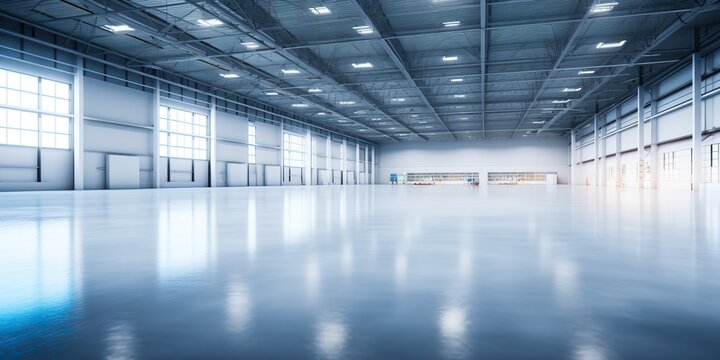 Modern factory for manufacturing production plant or large warehouse background with many light. Empty urban storage view