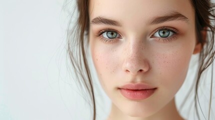 Obraz premium Portrait of a beautiful girl with no makeup on a white background