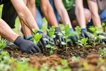 Fototapeta premium A group of volunteers wearing gardening gloves are planting small trees in the soil.