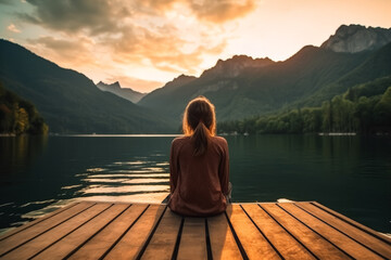 A woman sits on a dock by a lake, looking out at the water. The scene is peaceful and serene, with the sun setting in the background. The woman is lost in thought