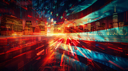 Futuristic cityscape with abstract digital elements symbolizing a high-tech future in conceptual art