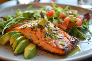Fresh Keto Grilled Salmon with Avocado and Green Salad - Perfect for Healthy Eating and Diet Plans