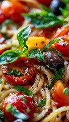 Whole Grain Mediterranean Pasta Dish with Cherry Tomatoes, Olives, Basil, and Olive Oil