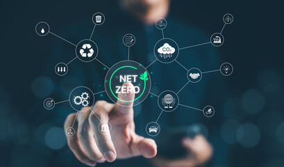 Carbon neutrality Concept. Person interacting with a digital interface displaying various icons related to net zero carbon emissions, sustainability, and environmental protection. Carbon footprint,