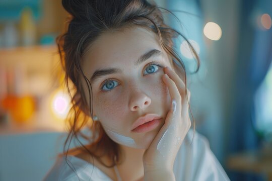 Woman Applying Acne Treatment Gel to T-Zone
