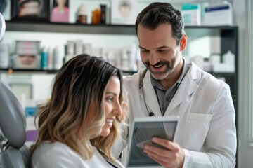 Obraz premium Dermatologist Consultation: Reviewing Laser Skin Rejuvenation Results on Tablet for Positive Outcome