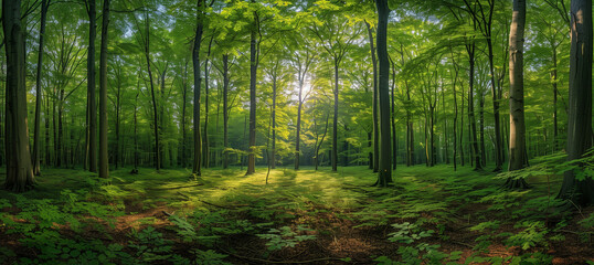 Naklejka premium Sunlight streaming through trees, Panoramic Sunny Forest