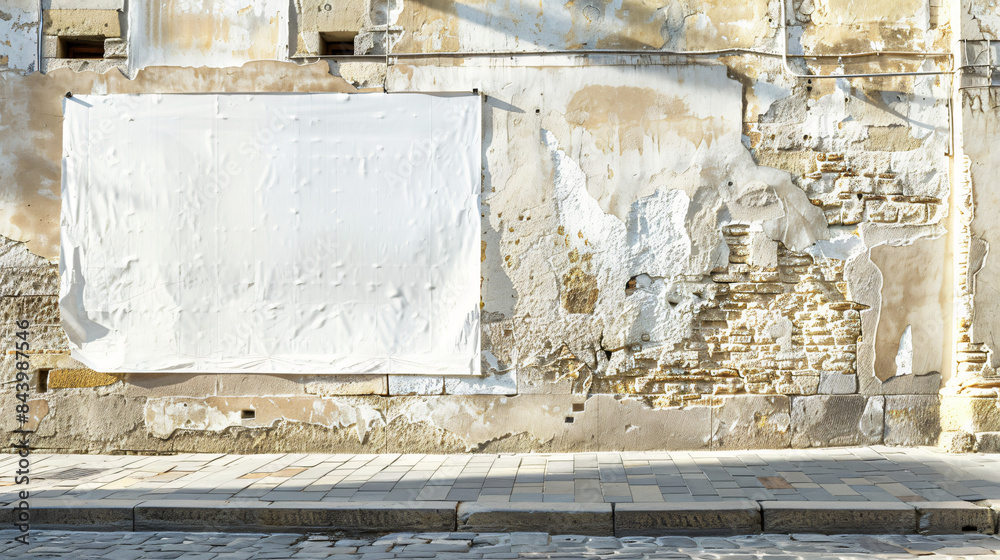 Poster white empty banner on an old textured building wall with peeling paint and bricks
