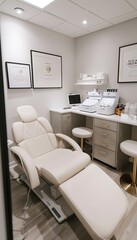 Fototapeta premium Professional Skincare Clinic Interior with Framed Certifications and Advanced RF Lifting Equipment