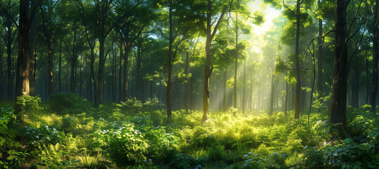 Sunlight streaming through trees, Panoramic Sunny Forest