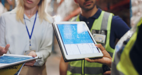 Hands, architect and tablet for blueprint in logistics warehouse for building, design and...