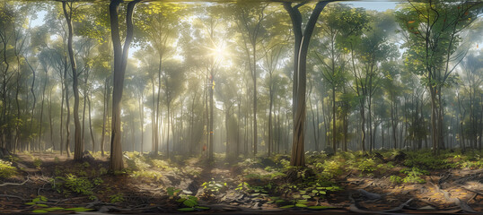 Sunlight streaming through trees, Panoramic Sunny Forest