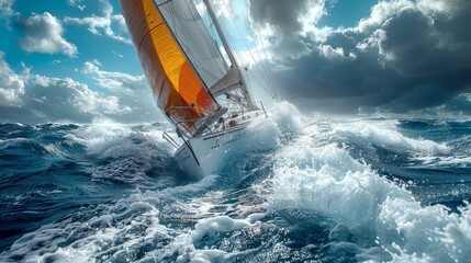 Dramatic view of a sailboat with orange sails braving the choppy waters under a cloudy sky, dynamic...