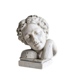 Fototapeta premium A white marble bust of a young man with his head resting on his hand. The bust is on a square base. The image is in a studio setting with a black background.