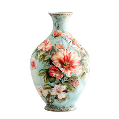 A delicate porcelain vase with a floral design in shades of pink and green against a blue background.