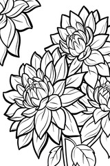 Flowers colouring page,illustrative style, black and white, bold lines, no shading, white background