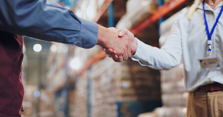Handshake, agreement and teamwork for people in warehouse, meeting and deal for supply chain....