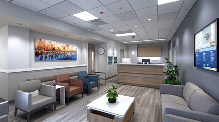 Fototapeta premium Modern Clinic Waiting Area with Comfortable Seating and Informative Phototherapy Posters