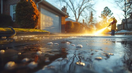 Warmly lit suburban street scene with rain water glistening on the pavement and sun rays breaking through