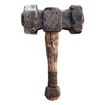 Detailed replica of a medieval war hammer with an ornate wooden handle, isolated on a clear background