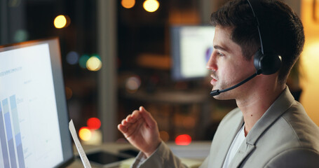 Businessman, consultant and night with computer at call center for customer service or finance at office. Man, agent or financial advisor working late with headphones for consulting or online advice