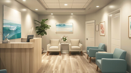 Fototapeta premium Inviting Clinic Waiting Room with Coastal Art and Comfortable Seating for Patient Comfort and Relaxation