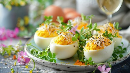 Easter breakfast suggestion Stuffed eggs mimosa with turmeric cream cheese and cress salad a traditional Happy Easter dish idea