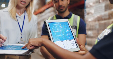 People, architect and tablet for blueprint in logistics warehouse for building, design or expansion. Contractor, point and scrum on app for floor plan, review or clipboard in factory for supply chain