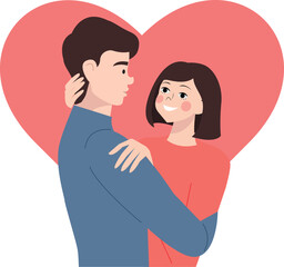 Young happy smiling girl hugging guy by neck. Big red heart. cartoon loving couple.  Woman and man hugging. Boy and girl smiling. Flat vector illustration isolated on white background. EPS10