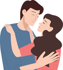 Dreaming couple. Happy young couple hugging. Smiling young girl hugs guy. Brunette hugging guy. Girl on guy's shoulder. Flat vector illustration isolated on white background. EPS10
