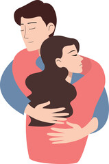 Young happy smiling girl hugging guy by neck. cartoon loving couple.  Woman and man hugging. Boy and girl smiling. Flat vector illustration isolated on white background. EPS10