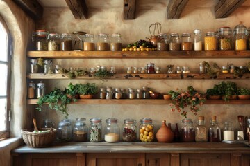 Cozy Traditional Mediterranean Kitchen with Fresh Produce, Herbs, and Spices