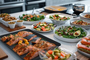 Obraz premium Delicious Keto Meals Arrangement Featuring Grilled Salmon, Avocado Salad, and Keto-Friendly Desserts