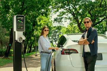 Lovely young couple wearing sun glasses recharging battery for electric car during road trip travel...