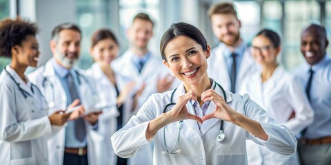Smiling Female Doctor Making Heart Shape with Hands in Front of Diverse Medical Team