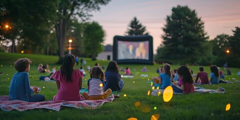 In an open-air cinema event, families relax on the lawn, enjoying a summer movie.