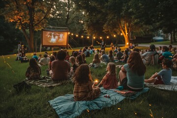 Families gather on the lawn, enjoying a movie at an open-air cinema festival.