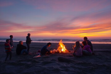 Friends gather around a bonfire on the beach, enjoying relaxation and warmth on a summer night.