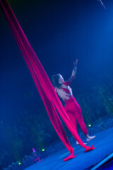 Professional aerial straps silks woman gymnast circus performance at blue arena with dark background backlit with colored concert lights, performing gymnastic element