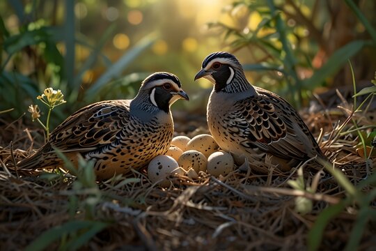 Quail birds in the field with eggs