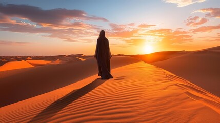 Arabian woman walking along desert dunes at sunset, minimalist panoramic view with vivid, saturated colors, capturing the essence of tranquility
