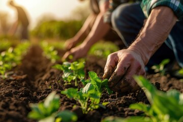 Close-up of hands planting young seedlings in soil, symbolizing teamwork and sustainability in farming at sunrise.