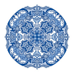 Blue and yellow ceramic pattern. Traditional tribal ornament. Capri Maiolica. Delft Blue and White