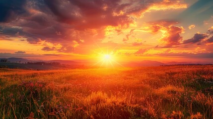 Captivating summer sunset with a brilliant orange sun, vibrant clouds, and sunlight creating a breathtaking view over the landscape