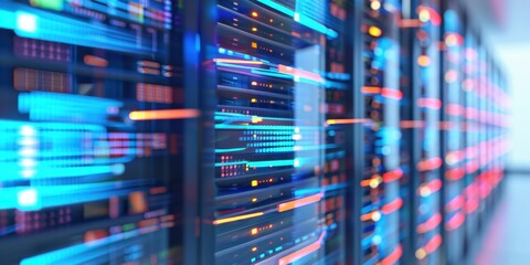 Obraz premium Close-up of a modern data server room with illuminated data center equipment, cables, and servers in blue and red lighting.