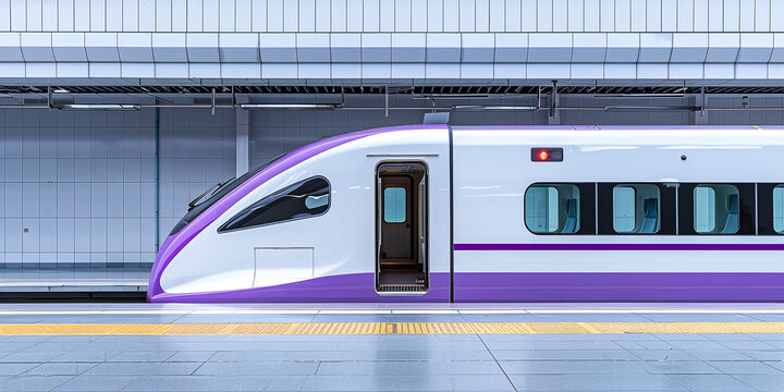 High-speed train door opens, white and purple exterior, simple background with empty platform