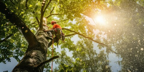 Low angle camera of professional engineer climbing a large tree wearing safety gear and safety helmet. Skilled arborist working and measuring tree while holding the safety rope. Environmental. AIG42.