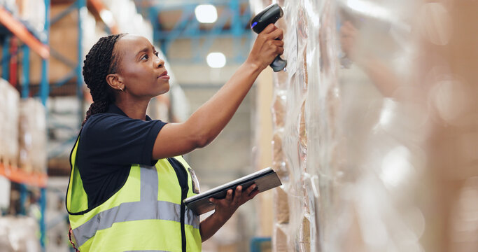 Black woman, tablet and scanner for logistics in warehouse, quality control for supply chain. Inspection, depot and stock take for shipping pricing, online distribution and checklist for orders